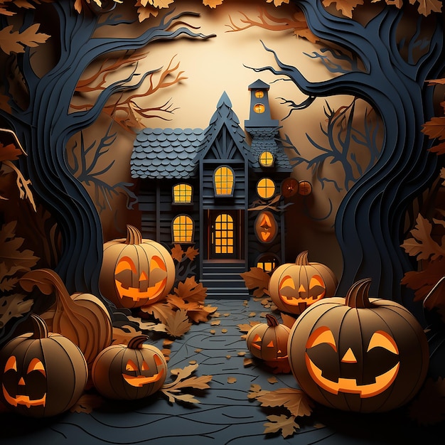 Decoración de Halloween en estilo de papel cortado bosque oscuro y casa de Halloween calabazas bonitas coche de vacaciones