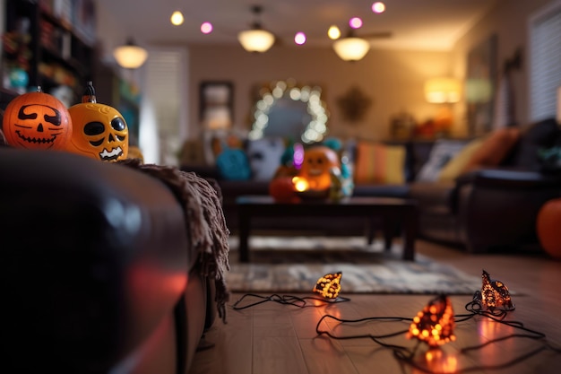 Foto decoración de halloween en el interior de la sala de estar de la casa
