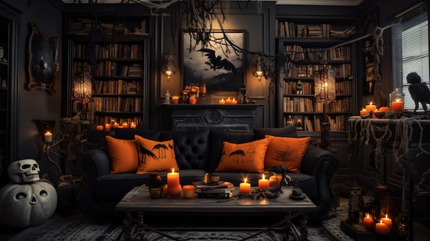 Decoración de Halloween en el interior de la sala de estar de la casa