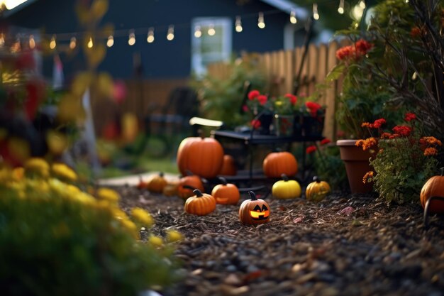 Decoración de Halloween en el porche de la casa y el patio trasero.