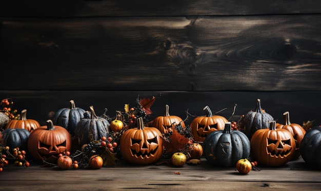 Decoración de Halloween sobre fondo de madera Scary Jack o Lantern Calabazas y Halloween Decoración de otoño