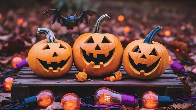 Decoración de Halloween con tres calabazas sonrientes