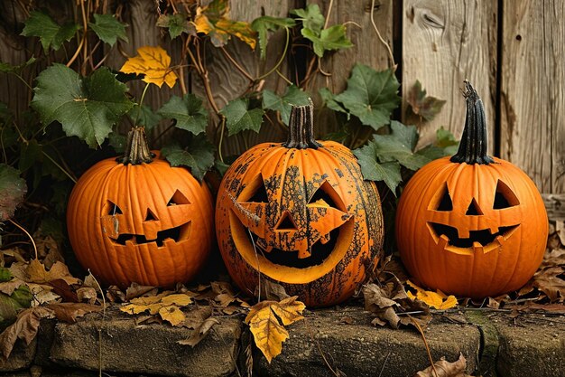 Decoración de Halloween con tres calabazas