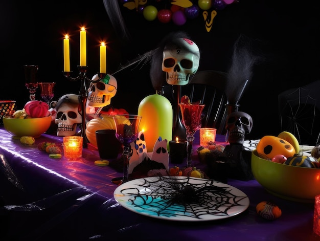 Decoración de Halloween con velas y calabazas de calavera de candelabro