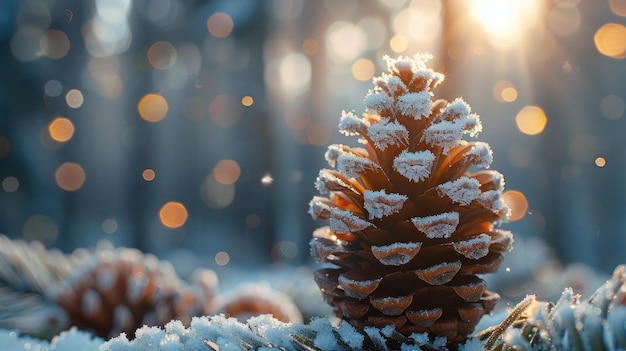 Decoración de hielo de invierno con cono de pino helado