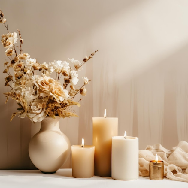 Decoración del hogar con velas y flores sobre la pared blanca Concepto de diseño de interiores IA generativa