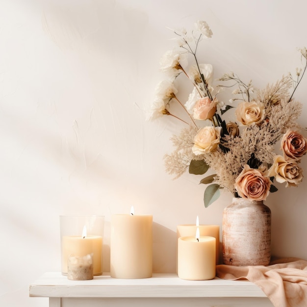 Decoración del hogar con velas y flores sobre la pared blanca Concepto de diseño de interiores IA generativa