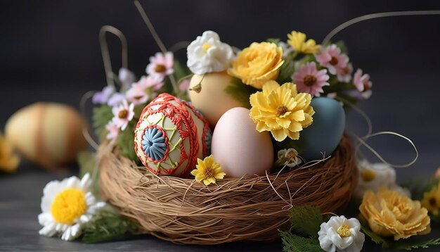 Decoración de huevo de Pascua con ramo de flores genera ai