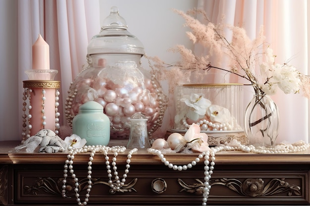 Decoración de inspiración vintage con perlas de encaje y antigüedades