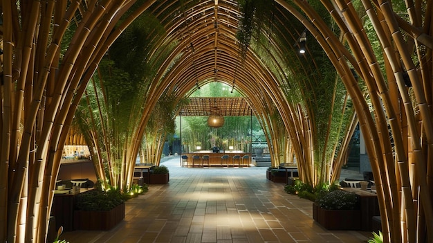 La decoración interior de un atrio construido con bambú personifica la elegancia armonizada con la sostenibilidad