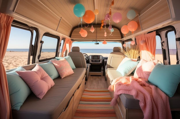 decoración del interior de una autocaravana, ideas de inspiración con temas de colores pastel