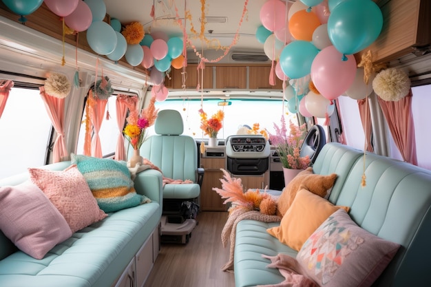 decoración del interior de una autocaravana, ideas de inspiración con temas de colores pastel