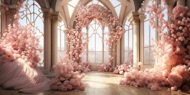 Decoración interior de la boda en tonos rosas adornada con una gran cantidad de flores.