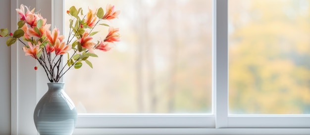 Decoración interior elegante con un jarrón de hermosas flores junto a una ventana en blanco cerca