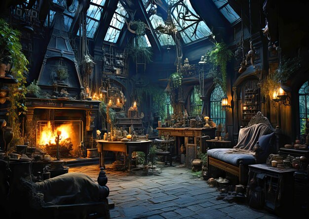 Decoración interior interior de la casa de las brujas en el bosque oscuro