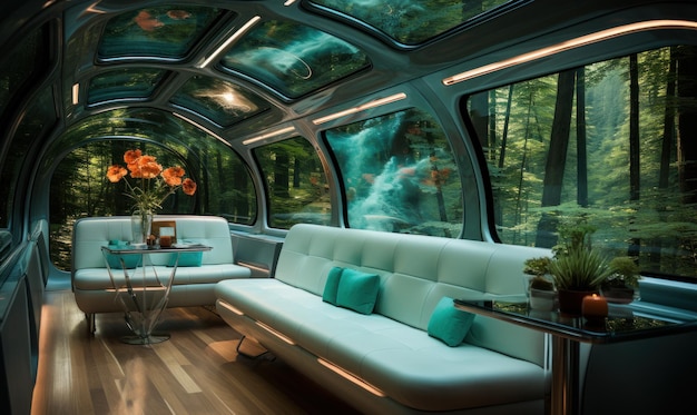 Decoración interior de lujo de trenes y autobuses con una decoración de autobús de tren de aspecto moderno