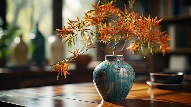 Decoración interior con maceta y mesa.