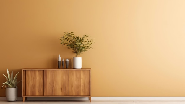 decoración interior minimalista de la sala de estar con un aparador de madera generado ai