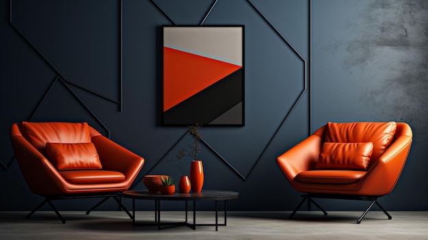 Decoración de interiores estilo de sala de estar de estilo geométrico minimalista negro claro y naranja oscuro.