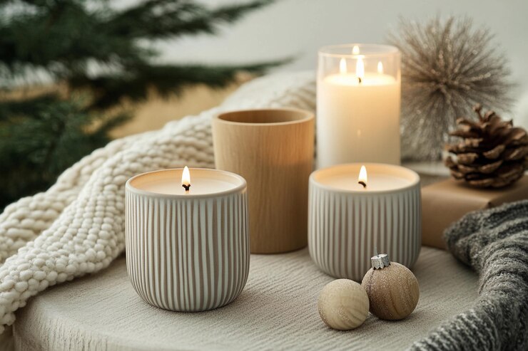 Decoración de invierno acogedora con velas elementos naturales y toques festivos en una mesa de madera IA generativa