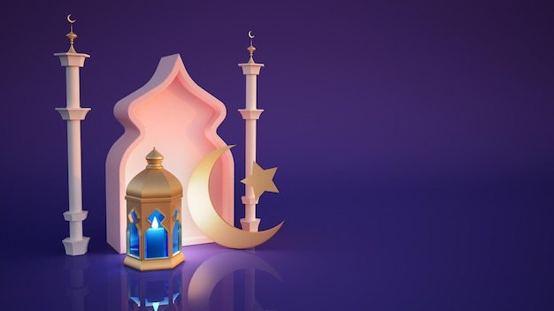 Decoración islámica para el Ramadán con linterna y mezquita en fondo púrpura d renderización