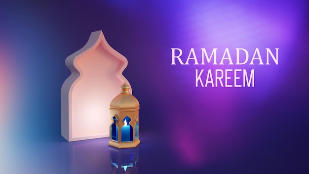 Decoración islámica para el Ramadán con linterna y Mezquita sobre fondo morado 3D renderizado