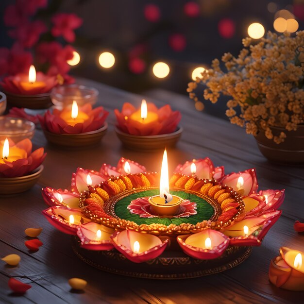 Foto la decoración de la lámpara de diwali y el pooja de flores