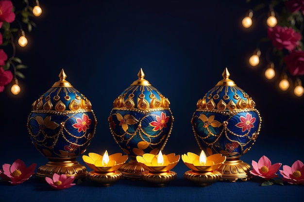 Decoración de lámparas Diya de arcilla con flores sobre fondo oscuro para la decoración de Diwali