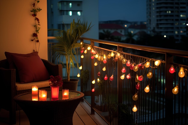 decoración de luces de diwali en el balcón