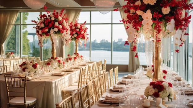 Decoración del lugar de la boda con arreglos florales y decoraciones elegantes generadas por IA