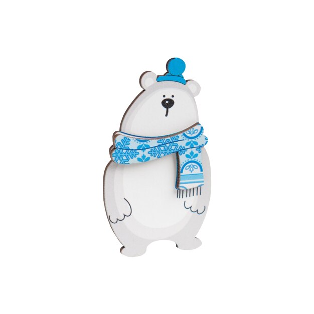 Decoración de madera en forma de oso polar en pañuelo azul con copos de nieve