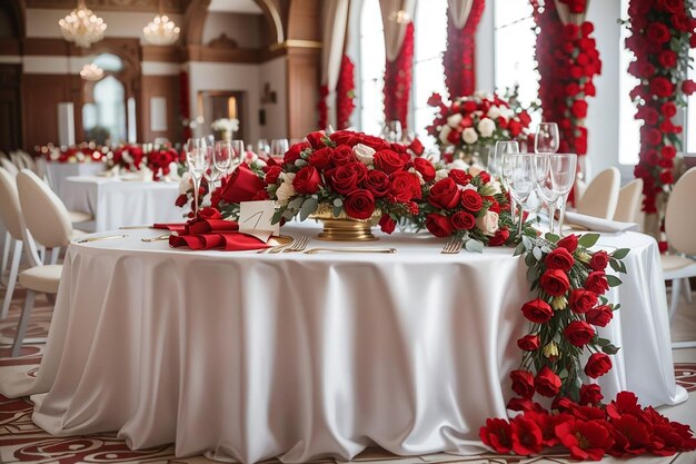 Decoración de los manteles de seda de los recién casados flores rojas.