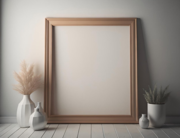 Una decoración de marco de fotos o arte vacío en blanco con una pared lisa y suave en la sala limpia con ai generativo