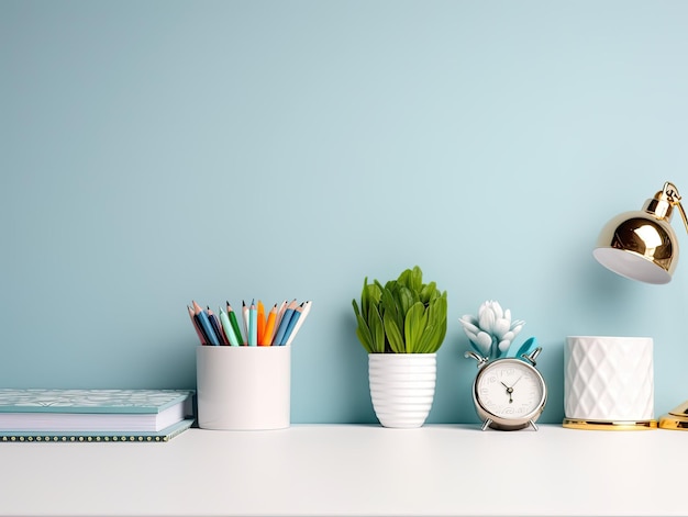 decoración de mesa blanca con concepto de pared azul