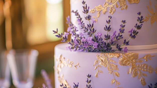 Decoración de la mesa de bodas con flores de lavanda dulces y pastel