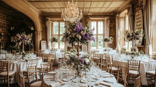 Decoración de la mesa de bodas con flores de lavanda dulces y pastel