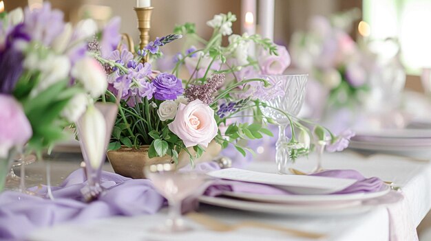 Decoración de la mesa de bodas con flores de lavanda dulces y pastel