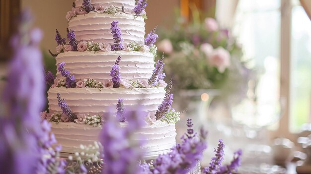 Decoración de la mesa de bodas con flores de lavanda dulces y pastel