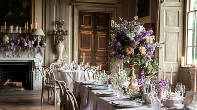 Decoración de la mesa de bodas con flores de lavanda dulces y pastel