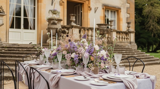 Decoración de la mesa de bodas con flores de lavanda dulces y pastel