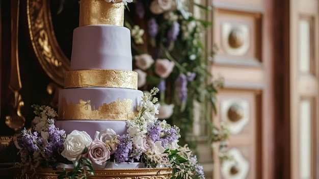 Decoración de la mesa de bodas con flores de lavanda dulces y pastel