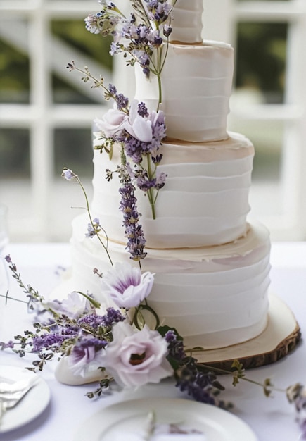 Foto decoración de la mesa de bodas con flores de lavanda dulces y pastel