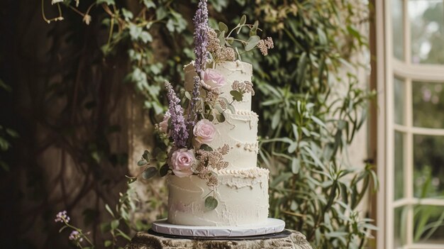 Decoración de la mesa de bodas con flores de lavanda dulces y pastel