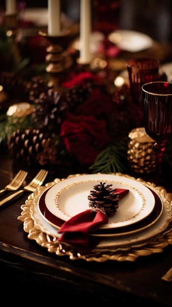 Foto decoración de la mesa con cargadores de oro y servilletes de color rojo oscuro