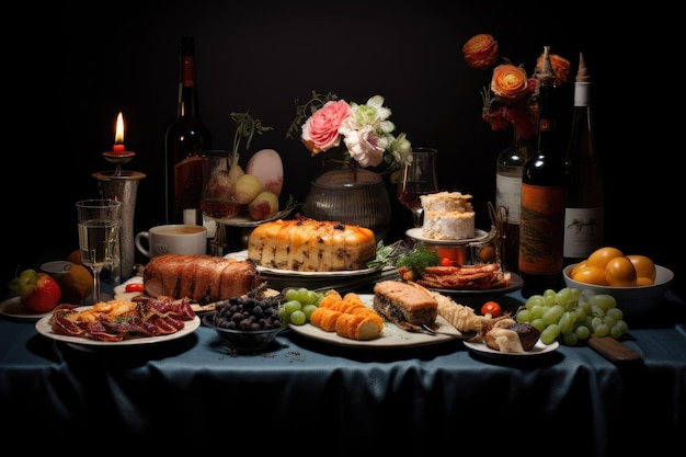 Decoración de la mesa de la cena con comida de veridades Comida de vacaciones deliciosa en la mesa generada por la IA