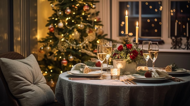 Decoración de la mesa para la cena familiar festiva en el hogar paisaje de la mesa de vacaciones y configuración de la mesa formal para la celebración de la boda estilo inglés de campo y hogar