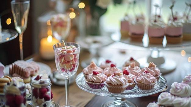 Decoración de mesa de cumpleaños con dulces flores velas y globos rosados