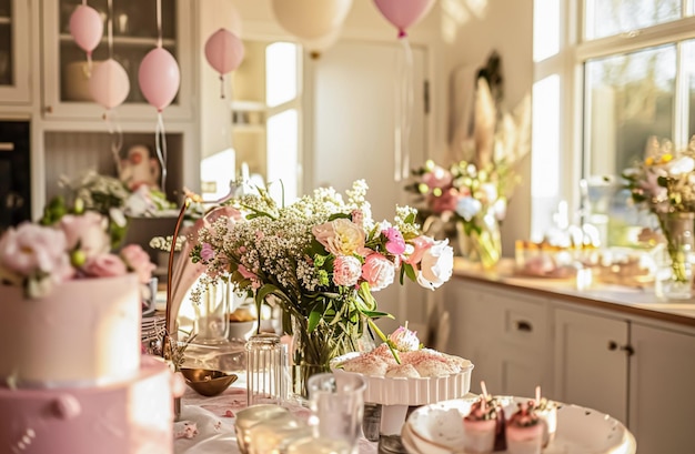 Decoración de mesa de cumpleaños con flores velas y globos rosados