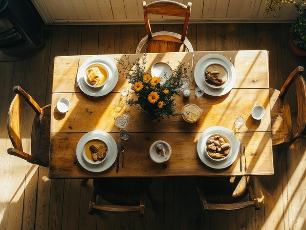 Decoración de la mesa de desayuno rústica con flores frescas