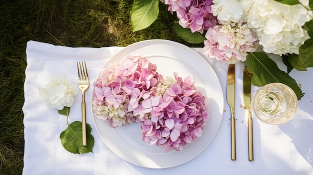 Decoración de mesa floral para bodas o cenas formales, celebración de vacaciones, paisaje de mesa con flores de hortensia en el jardín de campo inglés y decoración de mesa de vino floral para cenas familiares, fiestas y estilo casero.